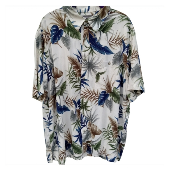 Men's Hawaiian Shirt by Croft &  Barrow Tropical Leaves Blue Green Sz XL Flawed - Picture 1 of 7